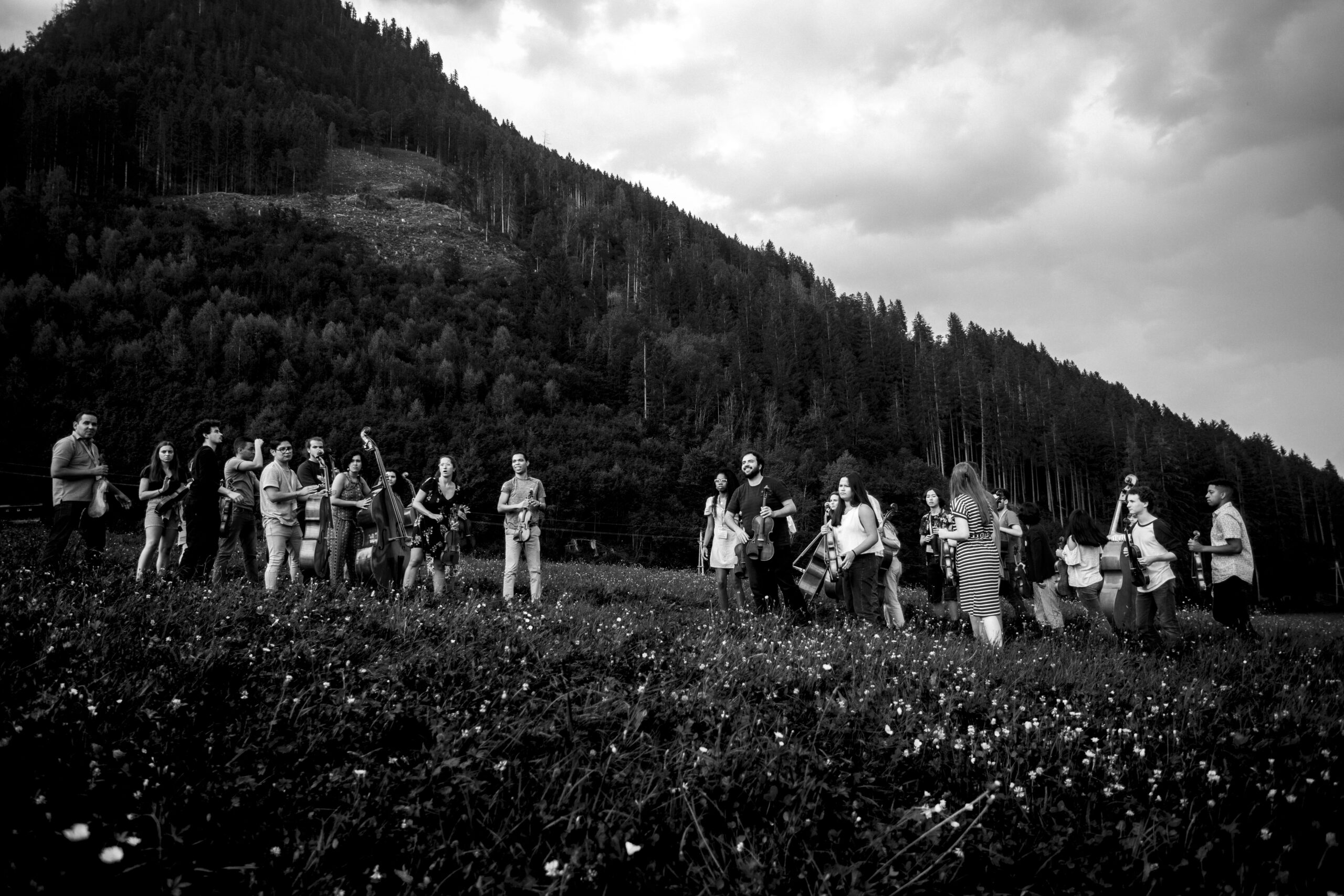 gente en el campo con instrumentos