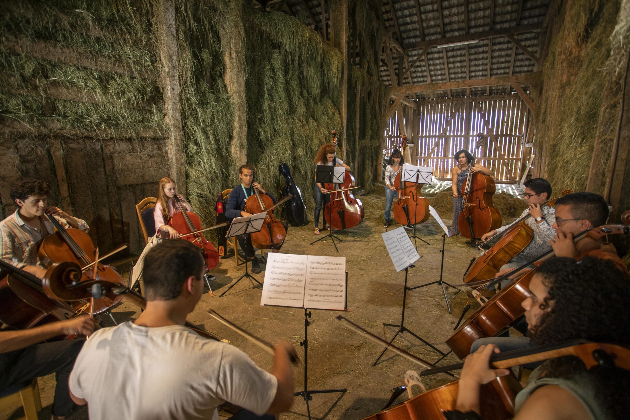 gente en una granja tocando instrumentos